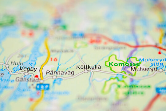 Close macro view of Swedish road map centered on K&ouml;ttkulla and Komosse nature area.