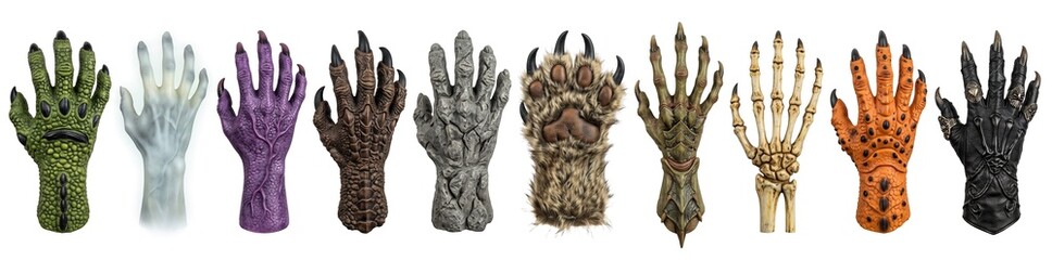 Obraz premium Ten different hands are displayed on a white background. Each hand has a unique design that fits the Halloween theme. They show styles like skeleton, monster, and animal