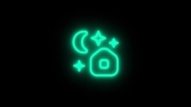 Neon turquoise house outline icon surrounded by moon and stars glowing