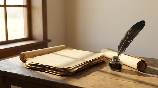 A stack of aged parchment paper with a quill and ink on a rustic wooden desk, evocative of the era that established the original 13 colonies flag