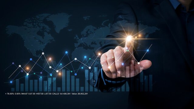 A businessman's hand touching a glowing point on a futuristic digital interface displaying financial charts and graphs. The background shows a world map, suggesting global business and data analysis