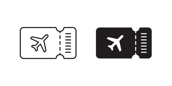 Boarding pass airplane tickets icon set in outline and filled styles. Airline ticket. Travel agency. Aviation transport. Flight reservation. Vector illustration