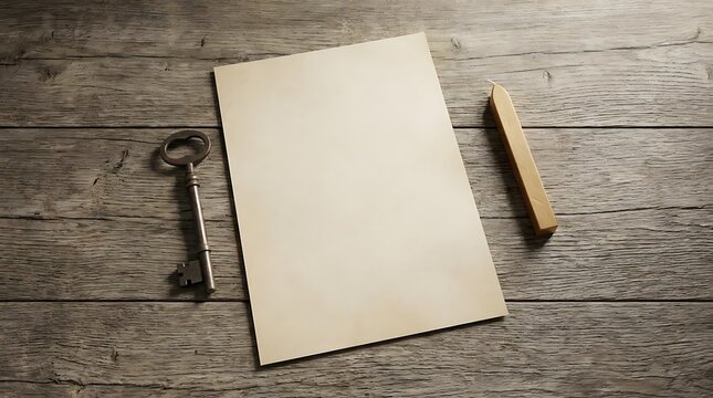 Blank parchment paper with a vintage key and wax seal on a wooden background for writing the history of the 13 colonies flag and early american life