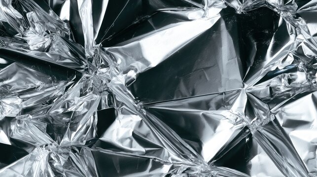 Crumpled silver foil abstract texture close up with reflective surfaces