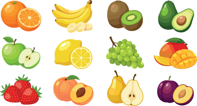 Large organic fruit vector set featuring orange banana kiwi avocado apple lemon grape mango strawberry peach pear plum icons isolated on white background