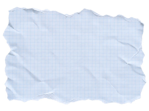 Crumpled graph paper scrap, torn blue grid notebook page, wrinkled mathematical paper texture on white background