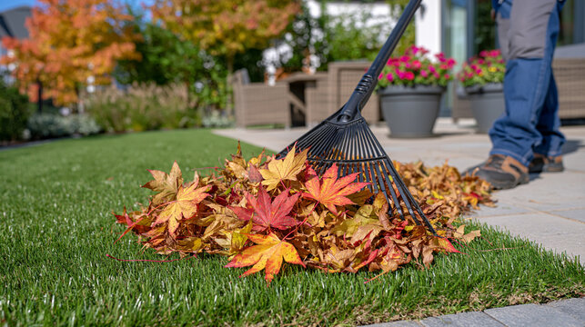 Close view of a gardener using a fan-shaped plastic rake to clear dry leaves from artificial grass beside a private patio, autumn foliage around the yard, outdoor furniture and flower pots softly bl