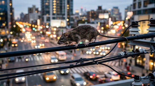 A Brown Rat Walking On Black Overhead Cables