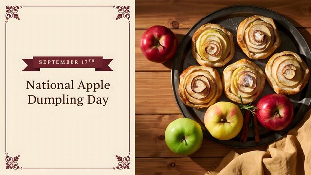 National Apple Dumpling Day with fresh apples and homemade dumplings, delicious dessert, autumn flavors, baking tradition, seasonal food, festive celebration