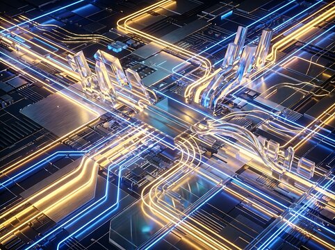 Complex network of glowing blue and gold data streams intersecting in digital