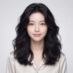 Naklejka premium Portrait of beautiful young asian woman with wavy black hair in silk shirt looking at camera