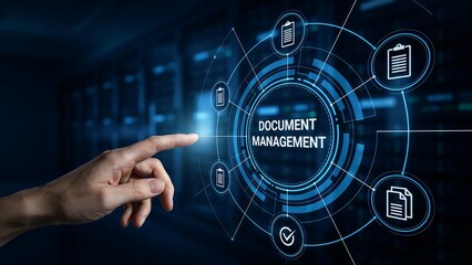 Obraz premium A hand interacting with a digital interface focused on document management, showcasing efficiency and modern technology
