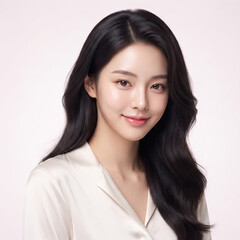 Fototapeta premium Portrait of beautiful young asian woman with long wavy dark hair in silk shirt looking at camera