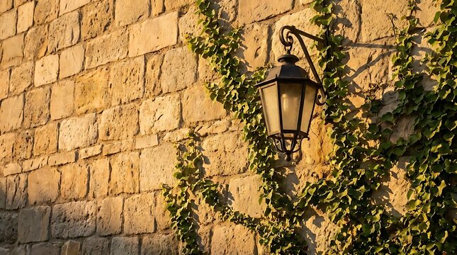 A vintage metal lantern mounted on an ancient stone wall overgrown with ivy, reminiscent of colonial architecture linked to the 13 colonies flag heritage.