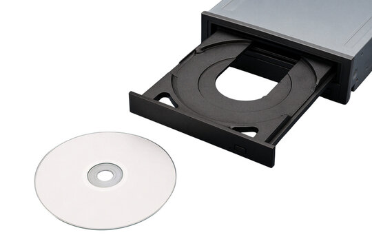 Single blank optical disc sitting next to open reader tray isolated on transparent background PNG element