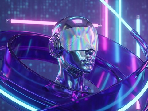 Cyberpunk metallic human head sculpture wearing futuristic digital visor goggles