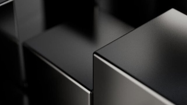 Abstract 3D black metallic cubes moving vertically in a geometric grid. Elegant dark modern motion background for technology, business, and futuristic concepts