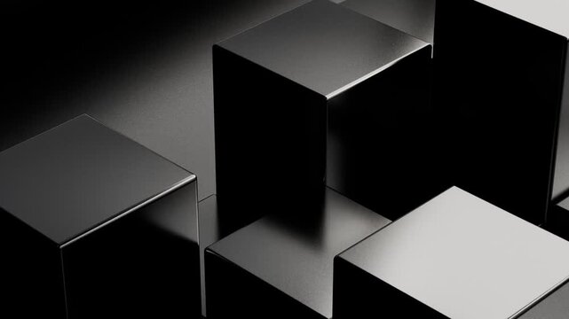 Abstract 3D black metallic cubes moving vertically in a geometric grid. Elegant dark modern motion background for technology, business, and futuristic concepts