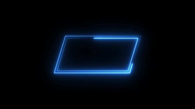 Neon blue parallelogram frame glowing with flowing light energy on black background clip.