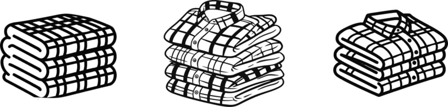 A minimalist stack of folded flannel shirts in black and white, rendered in a modern UI style with solid lines and fills on a pure white background