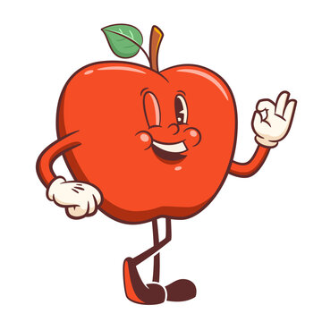 Groovy Back to School Retro Character. Cartoon Apple Snack Smiling and Winking showing OK Gesture. Vector Education Mascot Template. Happy Vintage Cool Learning Personage Illustration Isolated