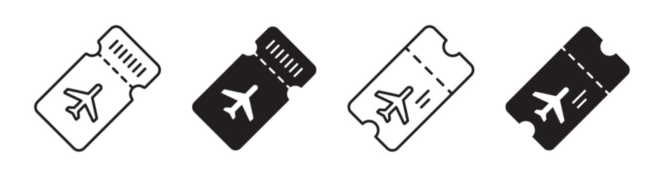Boarding pass airplane tickets icon set in outline and filled styles