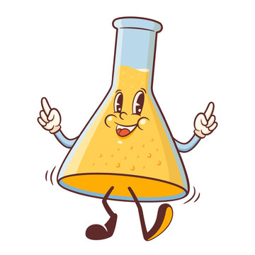 Groovy Back to School Retro Character Illustration. Cartoon Chemistry Flask Dancing with Cute Smile on its face. Vector Education Mascot Template. Happy Vintage Cool Learning Personage Doodle Isolated