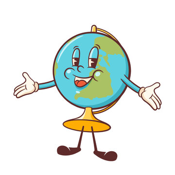 Groovy Earth Globe Retro School Character Illustration Cartoon Education Planet Map Model Personage Smiling. Vector Funny Geography Mapping Mascot Template. Happy Vintage Cool Illustration Isolated