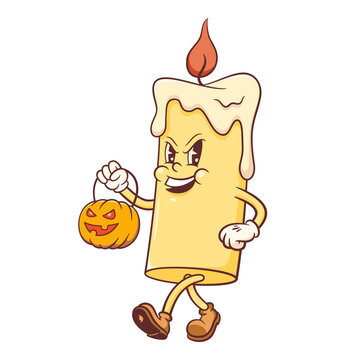 Halloween Groovy Candle Retro Character Illustration. Cartoon Spooky Personage with Pumpkin Lantern. Vector Autumn Holiday Fun and Scary Mascot Template. Happy Helloween Vintage Cool Doodle Isolated