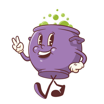 Halloween Groovy Witch Pot Retro Character. Cartoon Cauldron Walking and Smiling showing Victory Gesture. Vector Autumn Holiday Mascot Template. Happy Vintage Cool Spooky Fun Illustration Isolated