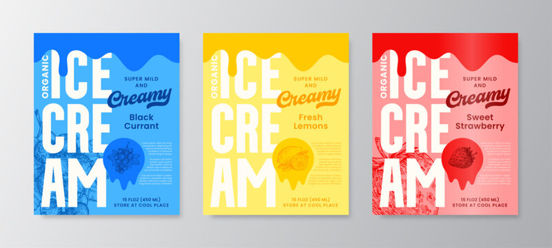 Ice Cream Vector Label Design Background Templates Set. Fruit Sundae Product Package Banner Concepts. Sweet Food Dessert Creative Colorful Card. Hand Drawn Strawberry Lemon Currant Melting Wave Drip