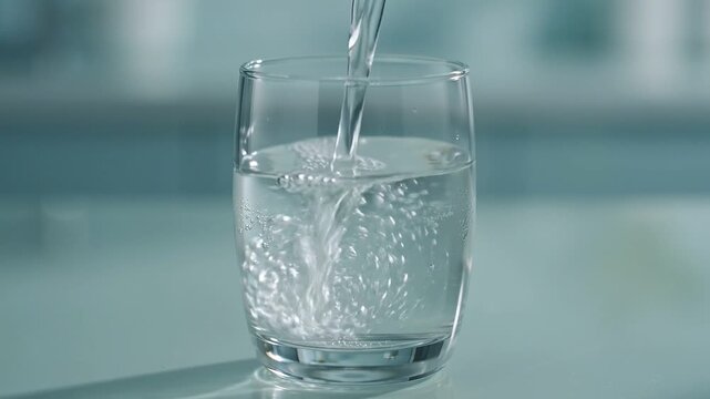 Clear water being poured into a transparent glass, creating bubbles and splashes.