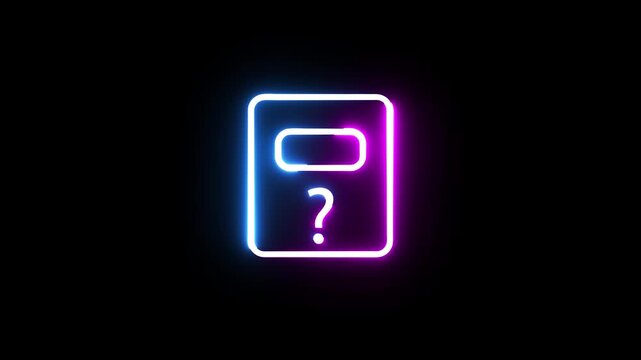 Neon glowing book icon with question mark symbol blinking in vibrant purple and blue colors
