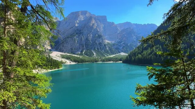 Mountain lake landscape scene, Lago di Braies, Dolomites Alps