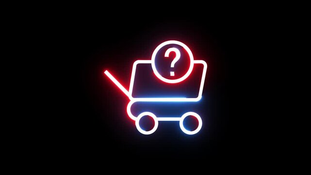 Neon shopping cart icon with question mark symbol glowing on dark background digital graphic