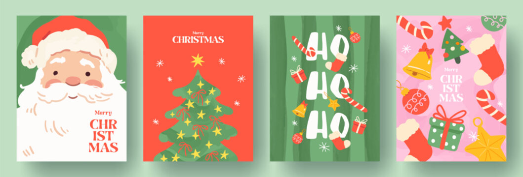 Playful Christmas collection with cute Santa Claus, decorated Christmas tree, candy canes, gifts, bells and festive typography. Ideal for greeting cards, branding, packaging and social media.