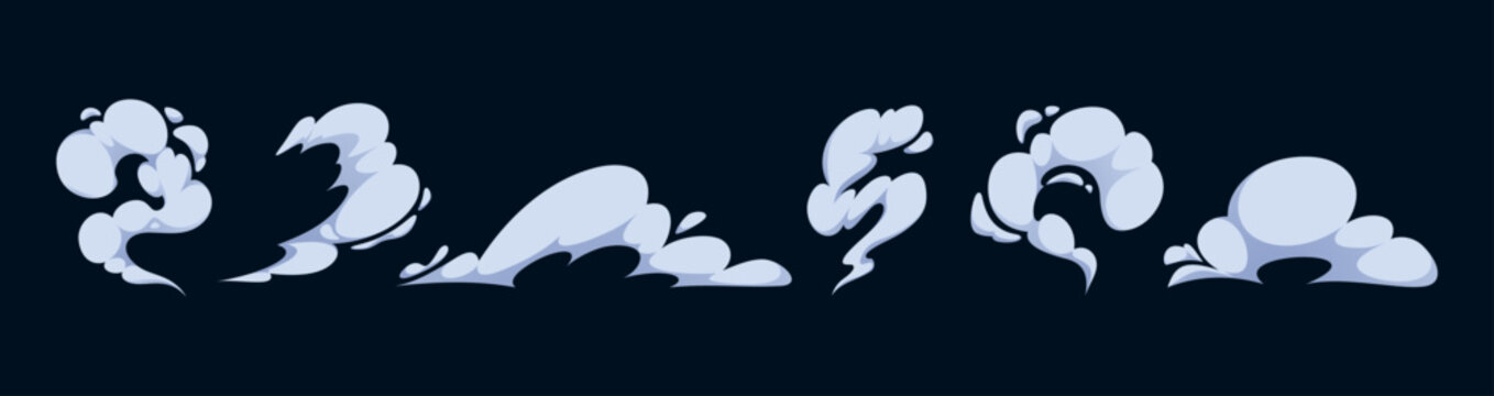 Manga smoke effect with dynamic cloud bursts and speed trails for comic illustrations. Cartoon dust puffs and wind swirls with motion graphics. Anime vapor for action scenes and vector design.