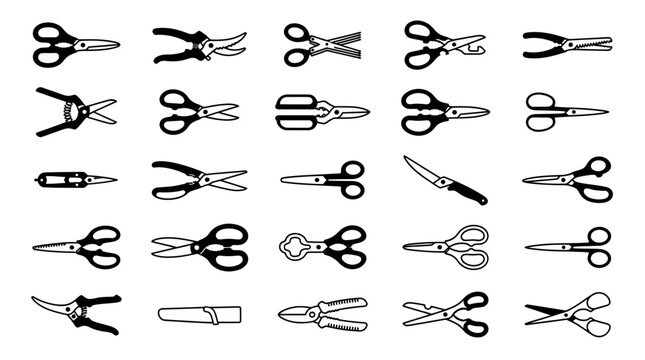 Diverse scissor and cutter silhouette and outline icons