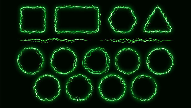 Electric bolt with neon circle ring and plasma energy burst on dark background. Powerful lightning effect with magic spark and glow. Abstract vector flash with cartoon storm element.