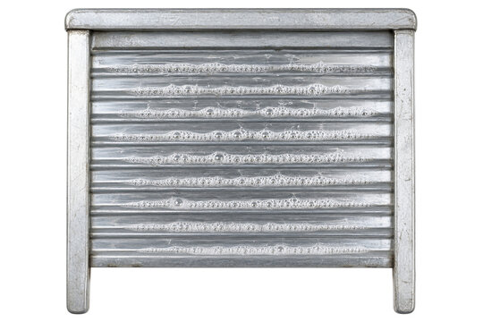 Weathered metal washboard with soapy bubbles isolated on transparent background png element