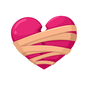 Broken Heart Healing Icon Set &ndash; Bandaged, Taped, Stitched and Plastered Cartoon Vector
