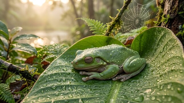 Sleeping Green Frog Resting on a Dewy Leaf