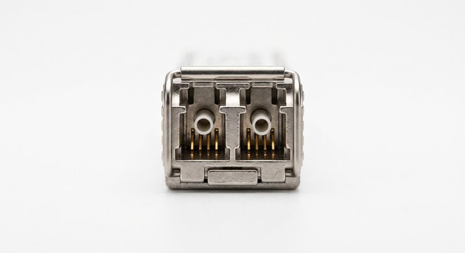 Macro photograph of a bare SFP optical transceiver module port. Exposes metallic housing, gold-plated pins, and alignment sleeves. Datacenter hardware.