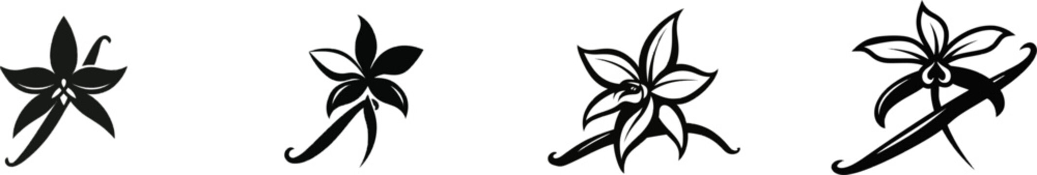 This premium black-and-white flat vector icon of a vanilla orchid flower with a pod is crafted in a modern UI style, featuring solid black lines and fills, embodying an exclusive minimalist design