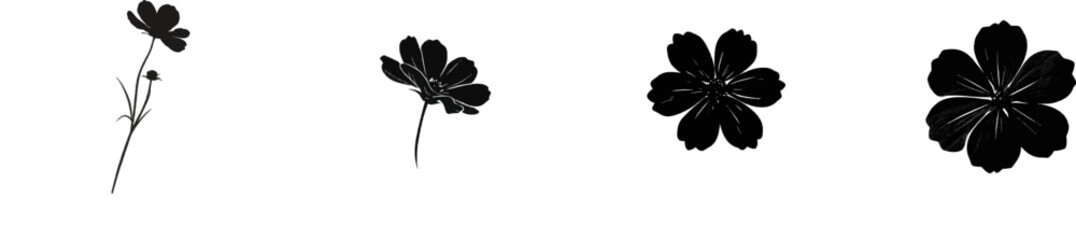 Fototapeta premium A premium black and white flat vector icon of a pressed cosmos flower, featuring solid black lines and fills, exudes modern UI elegance with an exclusive minimalist design, isolated on a pure white