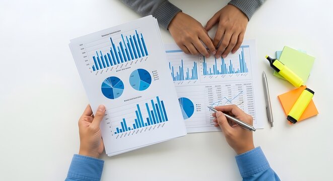 Two business people sitting together at an office desk looking at financial reports and blue bar charts on paper documents while working as a professional team during a productive meeting