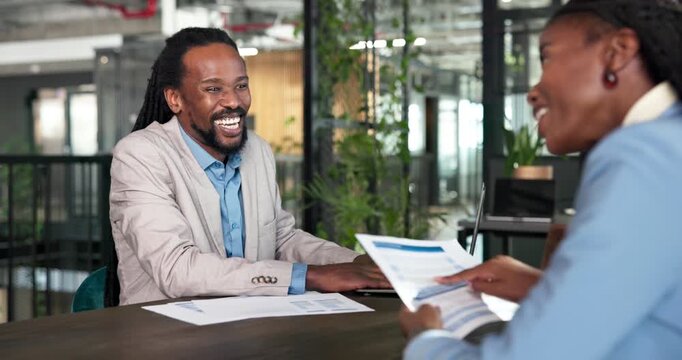 Business, team and document advice in office for peer review, audit quality check or expense records. Laptop, black people and accountant verify statement for finance compliance, tax filing and laugh