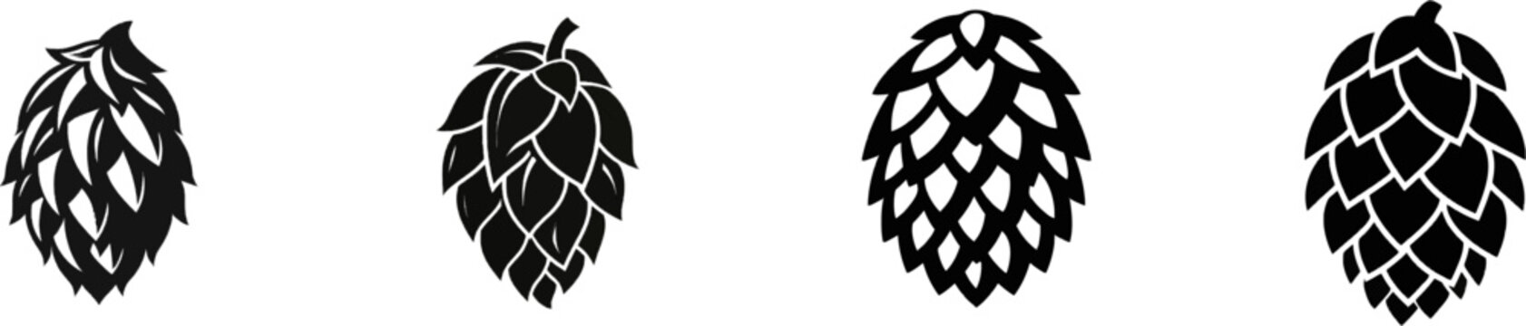 A premium black and white flat vector icon of a pressed hop cone, solid black lines and fills, modern UI style, exclusive minimalist design, isolated on a pure white background