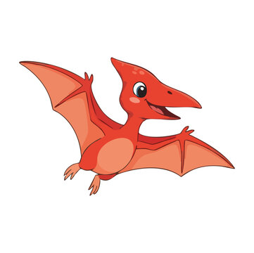 Cute cartoon red pterodactyl dinosaur flying with a happy, friendly smiling face for kids.