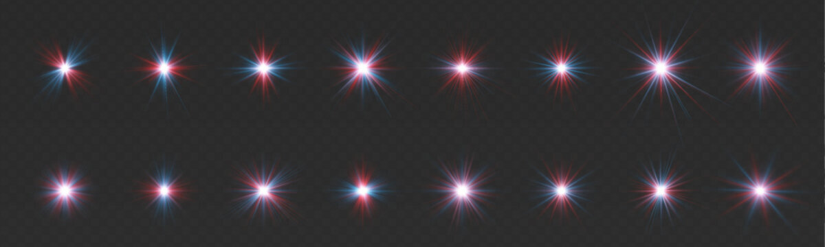 Neon star set glows brightly on a dark abstract background. Pink, blue, and purple spark flares create a magical atmosphere. Colorful collection of shining neon stars.